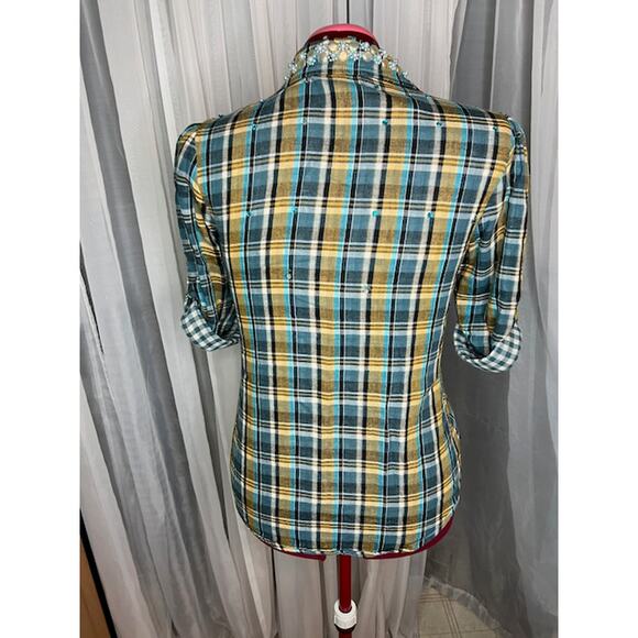 Blouse button down plaid beaded collar blue mustard - Picture 4 of 6
